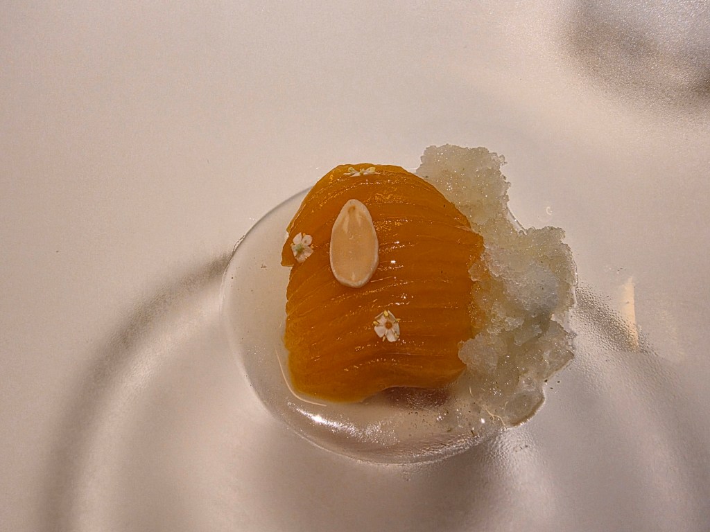 A gourmet dish featuring a vibrant orange slice garnished with a small almond and delicate edible flowers, served atop a bed of ice-like texture on a clear plate.