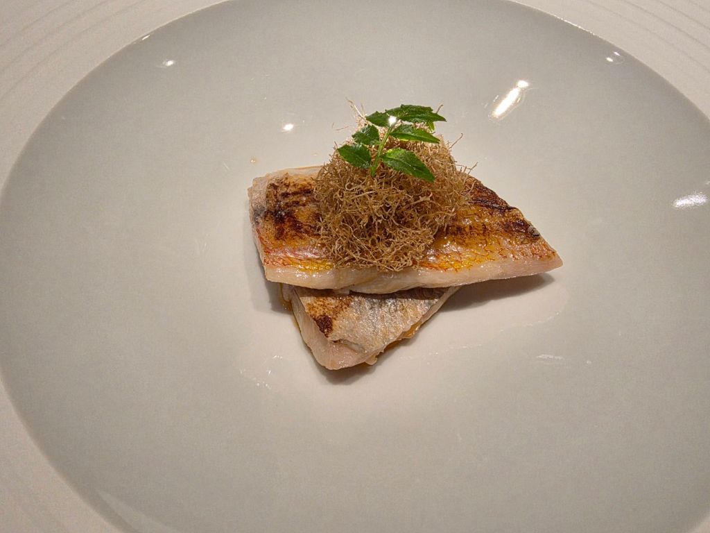 Grilled fish fillet served on a white plate, garnished with crispy strands and a small green leaf.