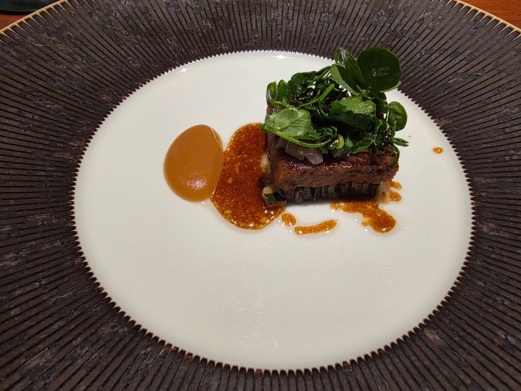A plated gourmet dish featuring a piece of tender meat topped with fresh greens, accompanied by a sauce and a spherical garnish on a textured plate.