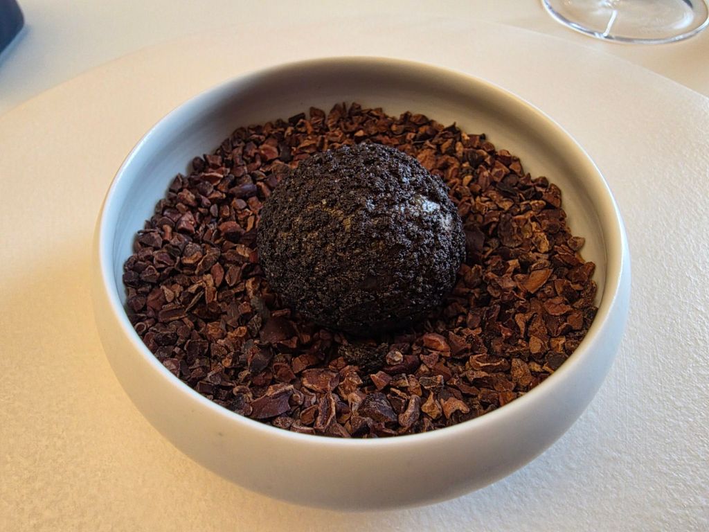 A gourmet dessert featuring a spherical dark chocolate creation placed on a bed of cacao nibs in a white bowl.