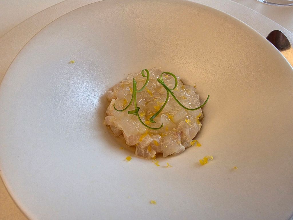 A small serving of finely chopped fish garnished with green herbs and yellow zest, presented in a minimalist white dish.