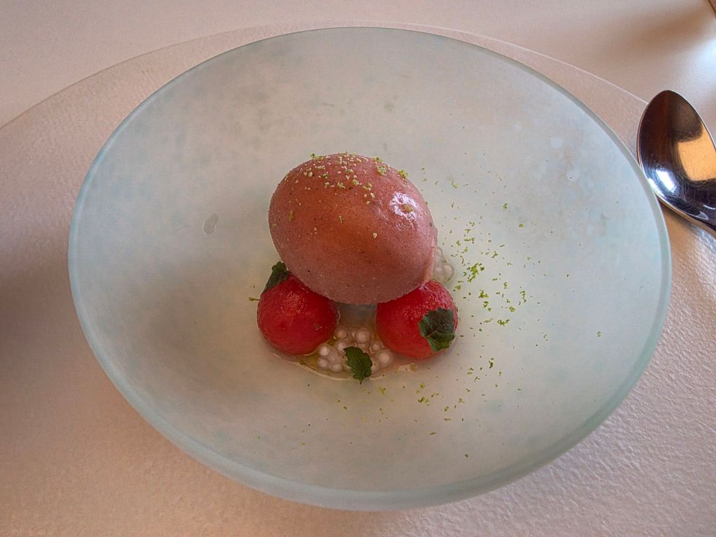 A dessert served in a pale blue bowl featuring a spherical scoop of pink sorbet, garnished with mint leaves and small red fruit, resting on a bed of tapioca pearls.