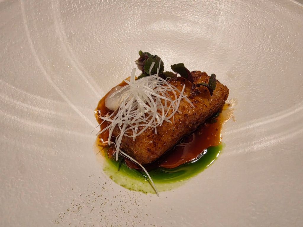 Gourmet dish featuring a piece of fish garnished with thinly sliced white onions, herbs, and colorful sauce on a white plate.
